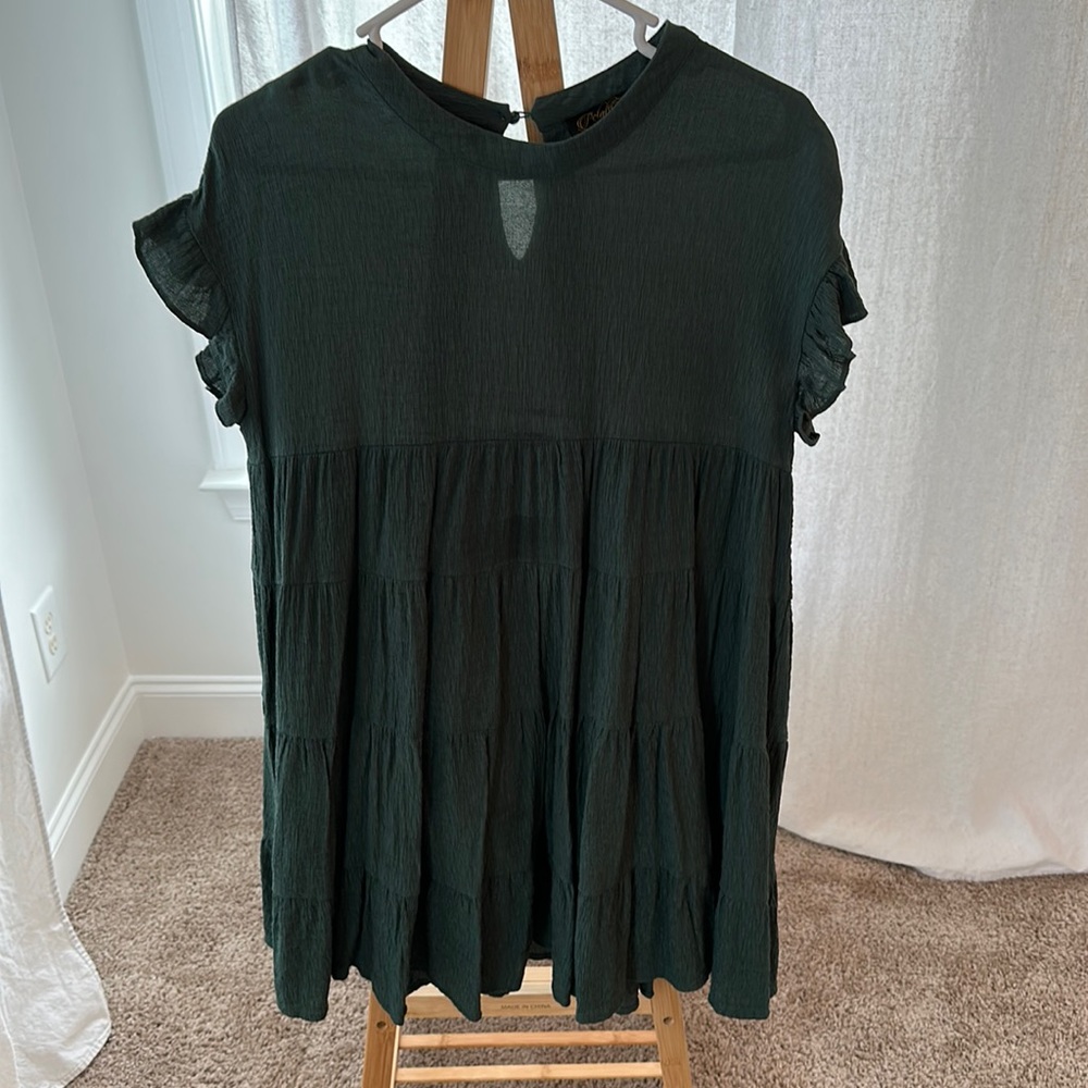 Flowy dark green dress.